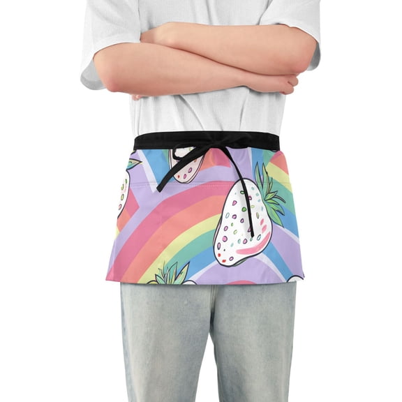 White Strawberries Cartoon Rainbow Short Server Apron with 3 Pockets for Unisex Chef Gardening
