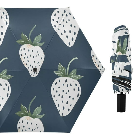 White Strawberries Hand Drawn All Weather Umbrella Triple Folding Parasol 6 Ribs UV Protection Portable