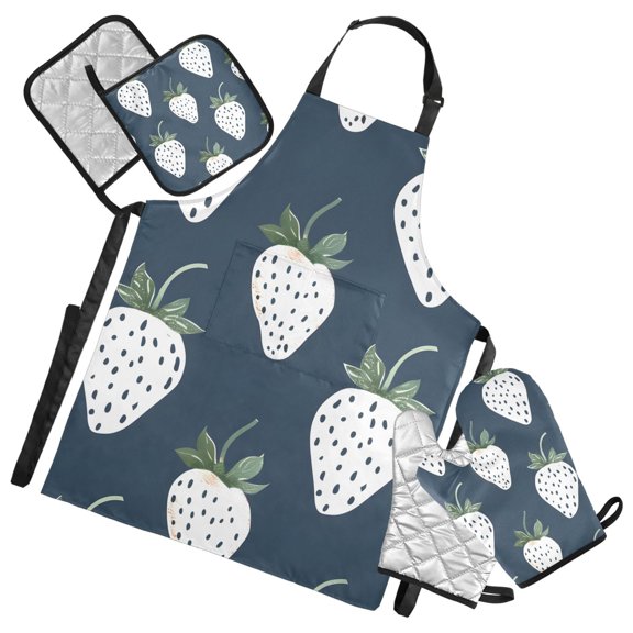 White Strawberries Hand Drawn Apron Set with Oven Mitts Pot Holders Set of 5 Kitchen Stuff Accessories