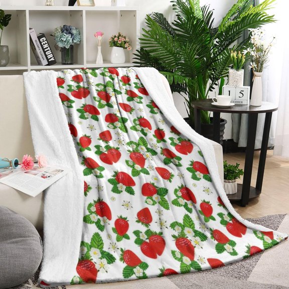 White Strawberry Plants Fruit Blanket,Comfortable Soft Flannel Throw Blanket,All Season,Warm Lightweight Blankets for Sofa Bed Couch Living Room Chair,60"x80"(150x200cm)
