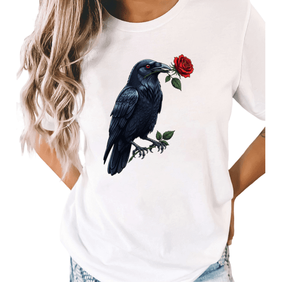 White Streetwear Gothic Academia Print Tshirt Graphic Tees Shirts Crow Rose Modern Wear S-5XL Mystical Tops