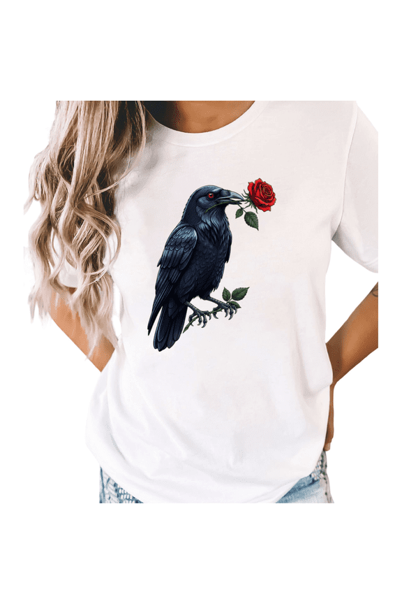 White Streetwear Gothic Academia Print Tshirt Graphic Tees Shirts Crow Rose Modern Wear S-5XL Mystical Tops