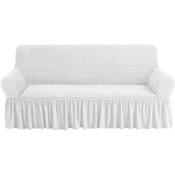 White Stretch Sofa Slipcover with Skirt, Ruffle Couch Cover, Universal ...