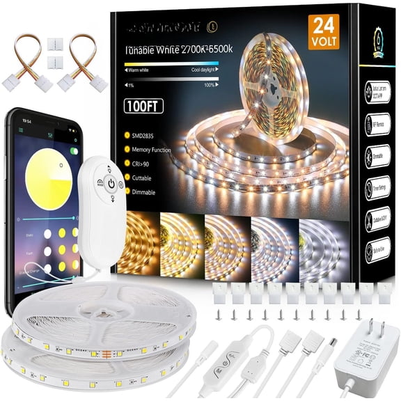 White Strip Lights, 100ft Dimmable Bright 24V Tape Light with Remote and App Control, 2700K-6500K White 1800 LEDs Lights for , Kitchen, Ceiling (2 Rolls of 50ft)