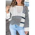 thumbnail image 1 of I AM A FASHION JUNKY White Stripe Contrast Striped Crochet Puff Sleeve Sweater, 1 of 8