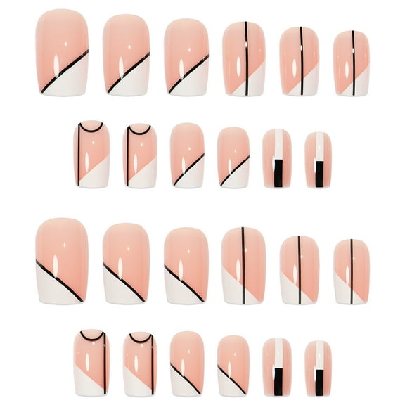 White Stripe French False Nails Short Manicure Set Finished On Nail 24 Piece Kit