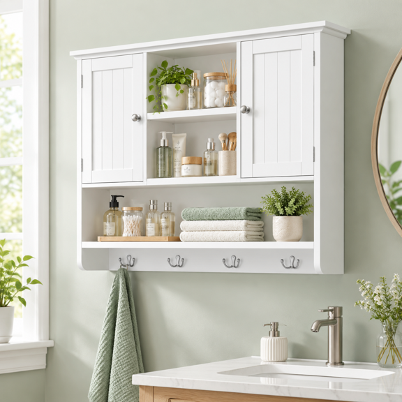 White Striped Bathroom Wall Cabinet, 31.5"W × 11.8"D × 25.6"H with Doors and Hooks