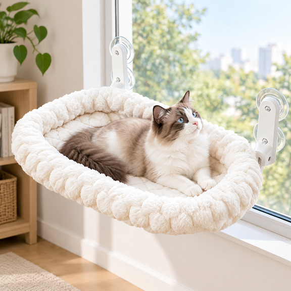 White Striped Cushion Bed Large Foldable Cat Window Perch Hammock
