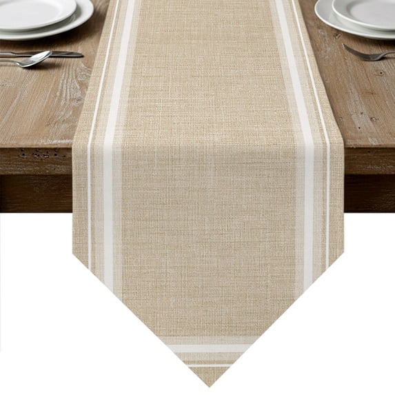 White Striped Grid Table Runner Linen Burlap Table Runner 72 Inches Long Modern Simple Vertical Stripes Beige Dresser Scarves for Kitchen Island Coffee Dining Room Party Wedding Holiday Decor 14"x72"