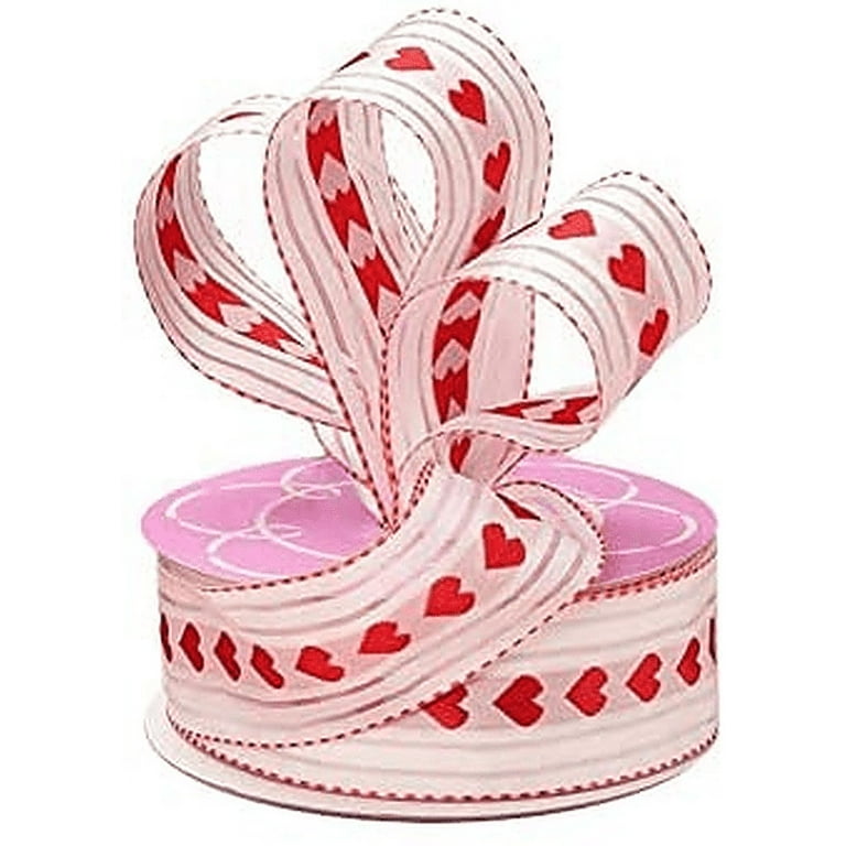Valentine Script and Heart Wired Ribbon, 2.5 inches x 10 Yards (30 feet)  Red and White