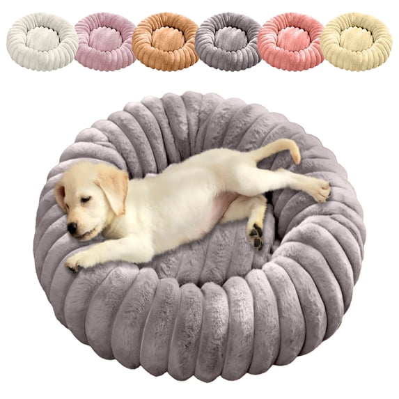 White Striped Plush Donut Calming Dog Cat Bed, Plush Polyester Long Hair Winter Warm Pet Cushion 16in, Non-Slip Waterproof Nest for Small Medium Pets, Indoor Cozy Round Rest Bed, Christmas Pet Gift