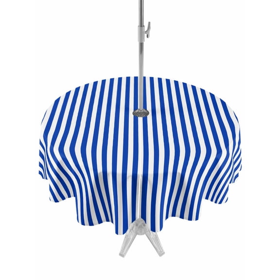 White Striped Round Outdoor Tablecloth with Umbrella Hole Simple Blue Stripes Modern Style 54 Inch Round Waterproof Table Cover Zippered Table Cloth for Garden Patio