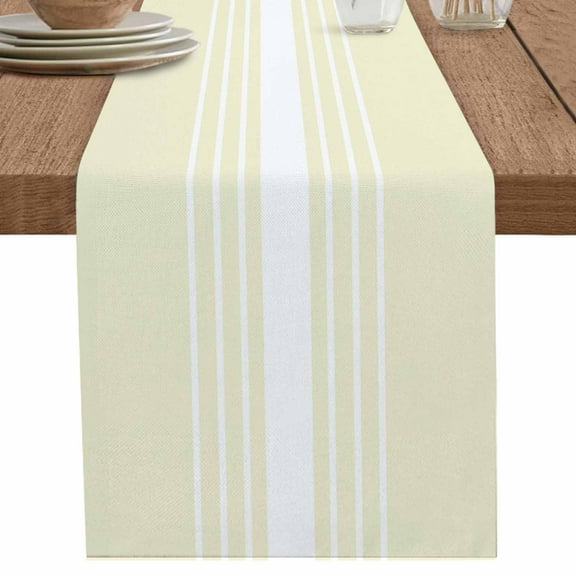 White Striped on Yellow Table Runner-70 Inch Long Modern Gradient Geometric Table Runners Linen Burlap Tablerunner for Kitchen Dining Room Holiday Party