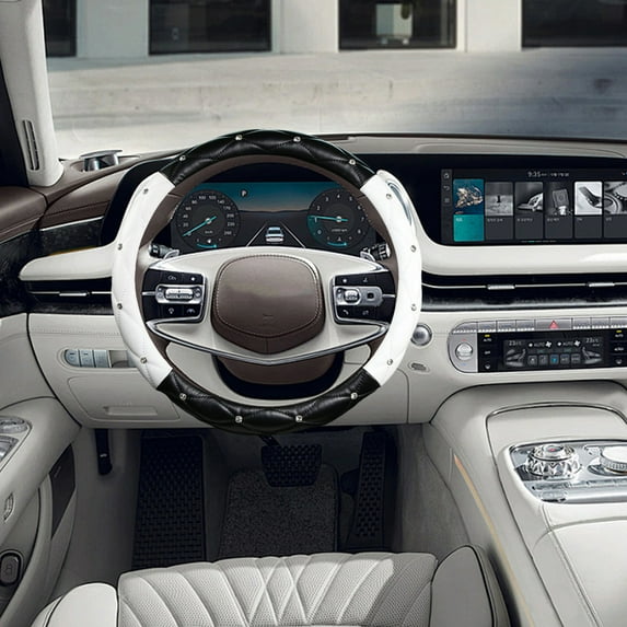 White Studded Steering Wheel Cover with Leather Texture for Car Interior Enhancement and Driving Comfort Improvement