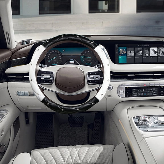 White Studded Steering Wheel Cover with Leather Texture for Car Interior Enhancement and Driving Comfort Improvement