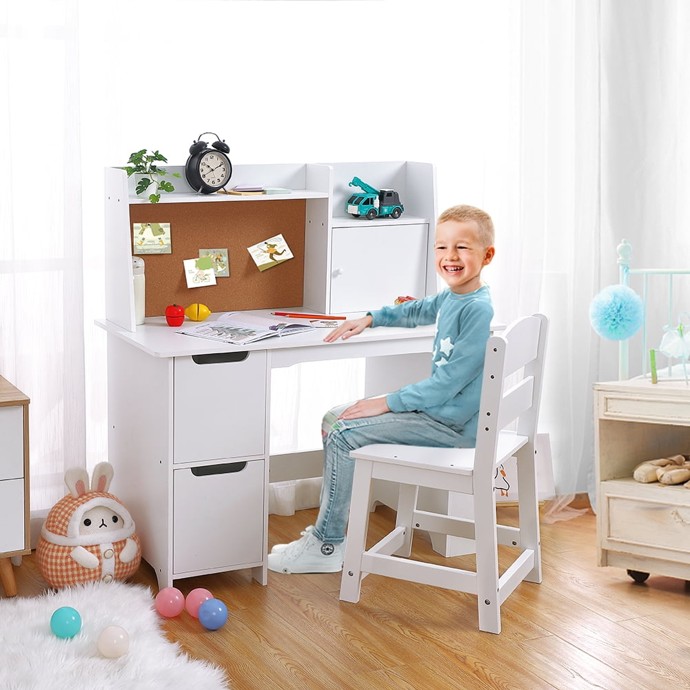 White Wood Kids Study Desk with Bulletin Board and Shelves
