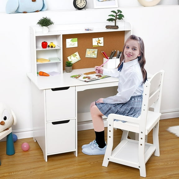 White Study Desk and Chair Set with Bookshelf, Bulletin Board, and Cabinets - Ideal for Boys and Girls Ages 3-8