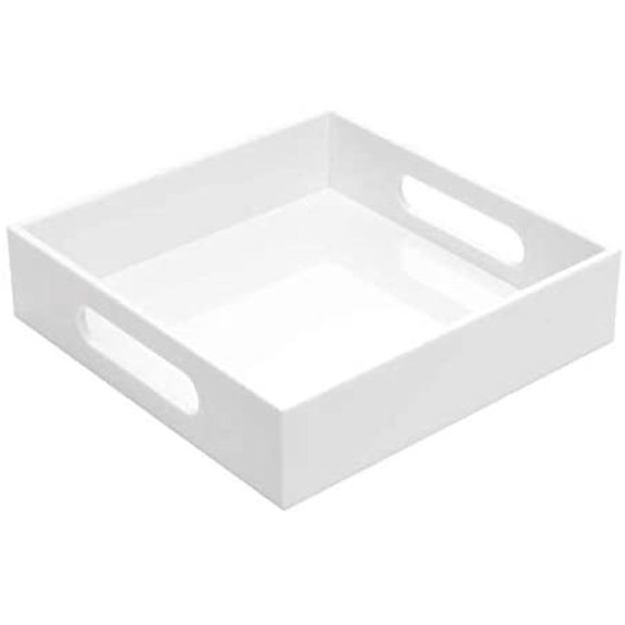 White Sturdy Acrylic Tray with Handles-8x8 Inch- Countertop Organizer Tray for Kitchen,Bathroom,Office- Storage Box for Cosmetics, Jewelry,Toiletries,Toy,Gadgets