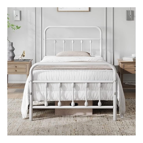 White Sturdy Metal Platform Bed Frame Mattress Foundation Iron-Art with Classic Victorian Style Headboard and Footboard Under Bed Storage No Box Spring Needed Twin Size