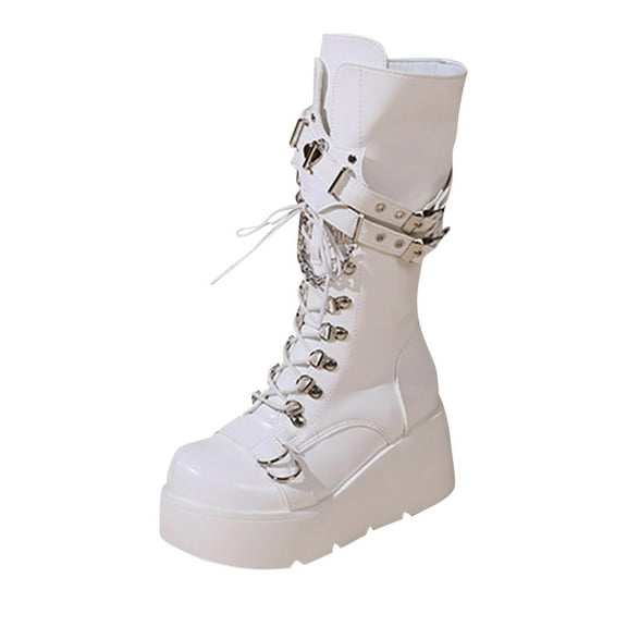 White Stylish Boots With Wedge Heel And Buckle Strap Perfect For Edgy And Seasonal Outfits