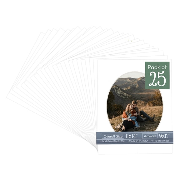 White Suede Picture Frame Mat for 11x14 Frames - Oval Opening for 9x11 Photos - 25 Mats