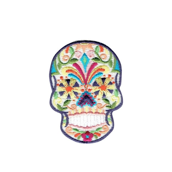 White Sugar Skull - Blue/Yellow Flower Eyes- Day of the Dead - Dia De Los Muertos - Iron on Embroidered Patch
