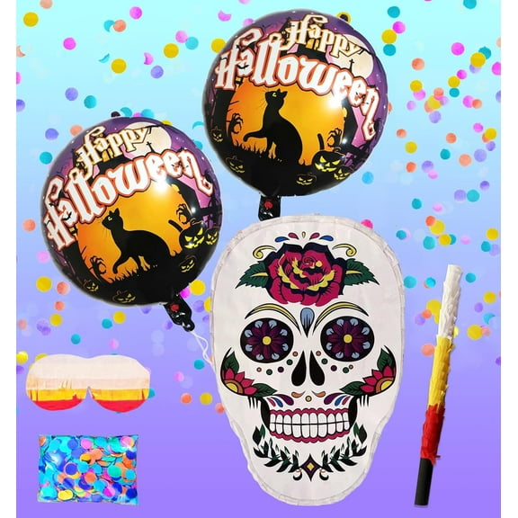 Halloween White Sugar Skull Pinata, Perfect for Halloween Celebrations, Themed Parties, and Party Decorations including Busterstick, Blindfold, Confetti and 2 Happy Halloween Ballons