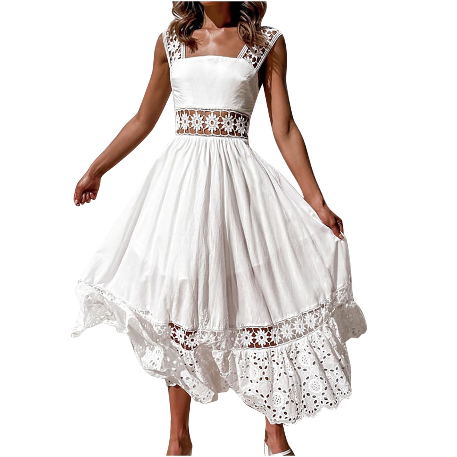 White Summer Dresses for Women Square Neck Lace Hollow Boho Dress ...