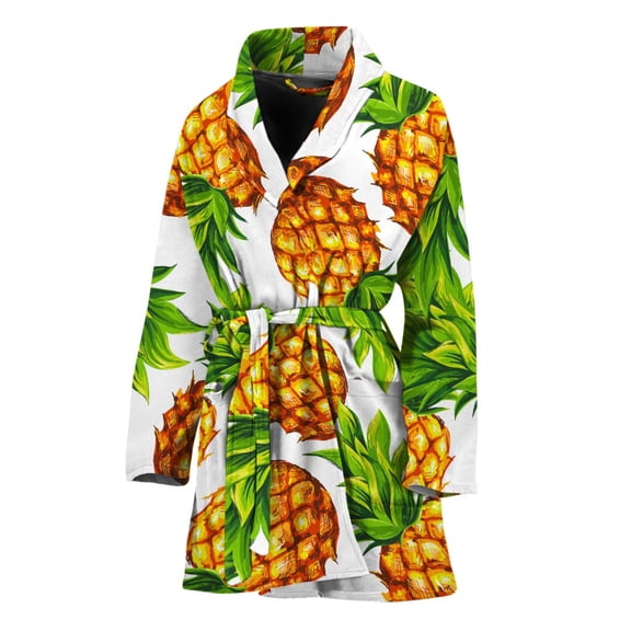 White Summer Pineapple Pattern Women Bathrobe One Size Univeral Fits, Pineapple Aloha Tropical Fruits Hawaiian Fashion Lightweight Plush Fleece Long Robe For Women