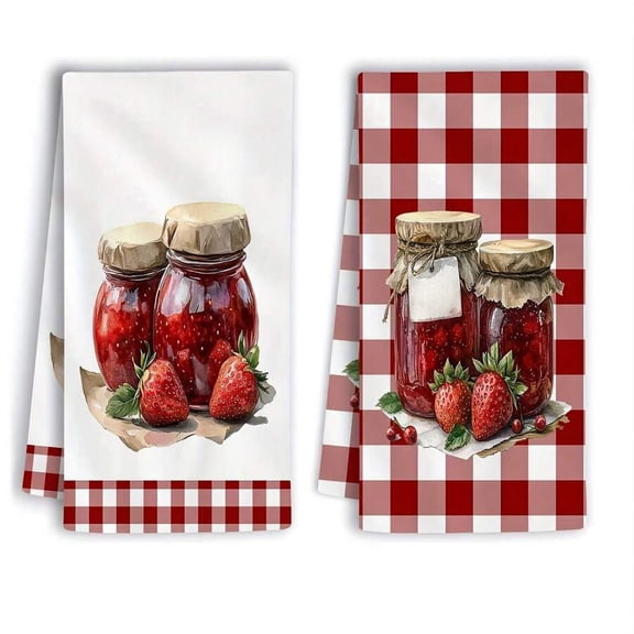 White Summer Strawberry Jam Gingham Kitchen Towels, Cartoon Mason Jar