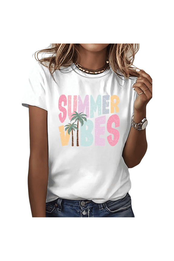 White Summer Vibes Pastel Palm Tree Print Tshirt Graphic Tees Shirts Beach Lover Summer Gift Casual Tops S-5XL