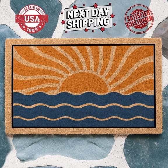White Sun And Waves Coco Doormat Coastal Design Natural Coir Entryway Welcome Mat Outdoor Indoor Use
