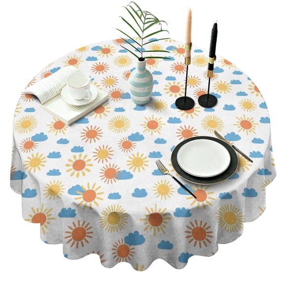 White Sun Cloud Pattern Round Tablecloth 60"x60",Wrinkle Wipeable Table Cloth for Kitchen Dining Room Picnic Patio Party
