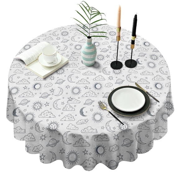 White Sun Moon Cloud Planet Star Pattern Round Tablecloth 60"x60",Wrinkle Wipeable Table Cloth for Kitchen Dining Room Picnic Patio Party