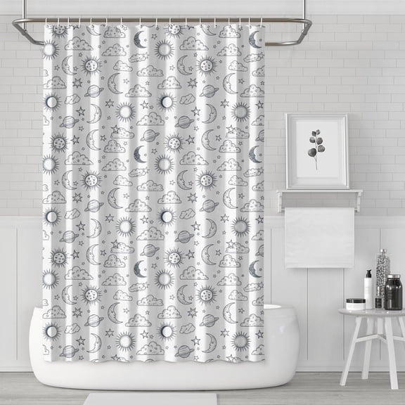 White Sun Moon Cloud Planet Star Pattern Shower Curtain 72"x72" ,Bathroom Decorative Shower Curtains Set with 12 Hooks,Modern Waterproof Washable Shower Curtain