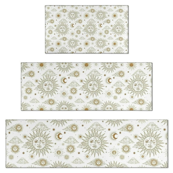 White Sun Moon Cloud Star Pattern Kitchen Rugs Sets Of 3,Kitchen Runner Rugs Non Skid Washable,Decorative Kitchen Floor Mats for Kitchen,Sink,Laundry,17"x30"+ 17"x47" + 17"x59"