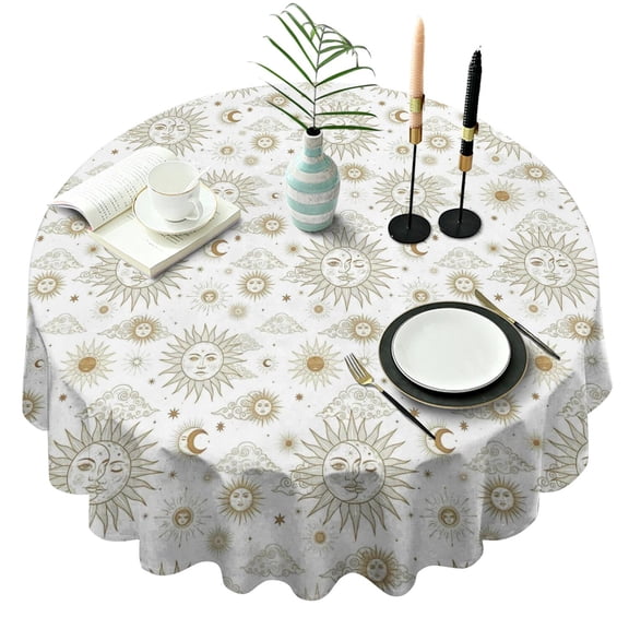 White Sun Moon Cloud Star Pattern Round Tablecloth 60"x60",Wrinkle Wipeable Table Cloth for Kitchen Dining Room Picnic Patio Party