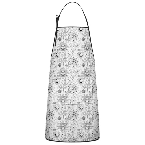 White Sun Moon Star Pattern Apron-Garden Aprons for Women with Pockets-Cotton Linen Waterproof Kitchen Cooking Gardening Aprons Adjustable for Kitchen,Cooking,BBQ and Salon 33x27 Inch