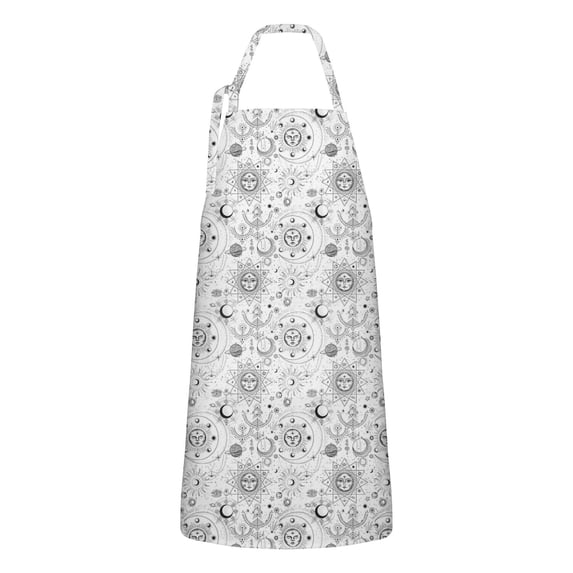 White Sun Moon Star Pattern Apron-Garden Aprons for Women with Pockets-Cotton Linen Waterproof Kitchen Cooking Gardening Aprons Adjustable for Kitchen,Cooking,BBQ and Salon 33x27 Inch