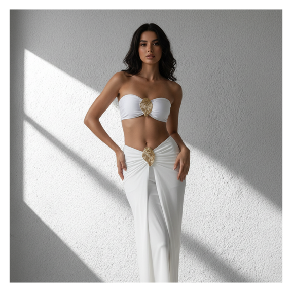 White Sun Protective Suit for Women - Strapless Swimsuit Cover Up, Backless Triangle Pants & Chiffon Skirt Set, Beach Vacation Outfit, Sexy & Slimming