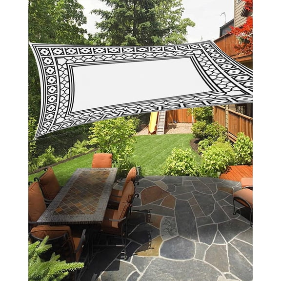 White Sun Shade Sail 8'X10' Boho Diamond Pattern Border Rustic Southwestern UV Block Outdoor Sail Shades Breathable Waterproof Rectangular Sunshade for Patio Garden Pool Pergola Porch
