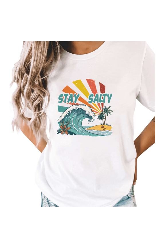 White Sun Wave Stay Salty Print T-Shirt Graphic Tees Shirts Beach Streetwear Modern S-5XL Mystical Tops