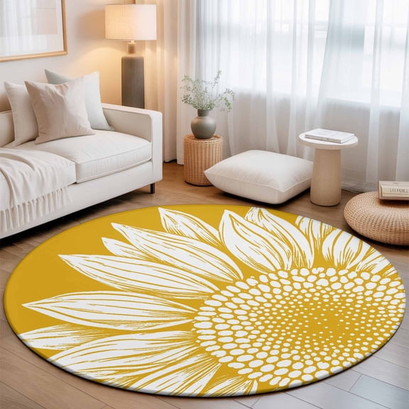 White Sunflower 3' Round Rug for Bathroom Accent Bedside Corner, Summer Floral White Petals Mustard Yellow Background Washable Non Slip Soft Circle Area Rug for Small Spaces Entryway