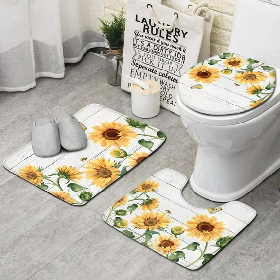 White Sunflower Bee Butterfly Pattern Bathroom Rugs Sets 3 Piece,Toilet Cover Set,Absorbent Non Slip Bathroom Mats Sets with U-Shaped Contour Rug Toilet Rug Set