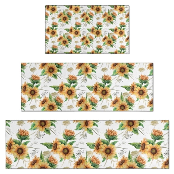 White Sunflower Bouquet Pattern Kitchen Rugs Sets Of 3,Kitchen Runner Rugs Non Skid Washable,Decorative Kitchen Floor Mats for Kitchen,Sink,Laundry,17"x30"+ 17"x47" + 17"x59"