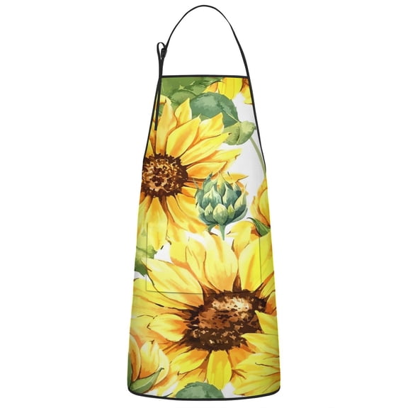 White Sunflower Bud Pattern Apron-Garden Aprons for Women with Pockets-Cotton Linen Waterproof Kitchen Cooking Gardening Aprons Adjustable for Kitchen,Cooking,BBQ and Salon 33x27 Inch