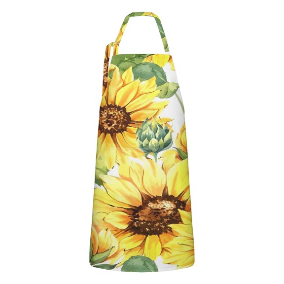 White Sunflower Bud Pattern Apron-Garden Aprons for Women with Pockets-Cotton Linen Waterproof Kitchen Cooking Gardening Aprons Adjustable for Kitchen,Cooking,BBQ and Salon 33x27 Inch