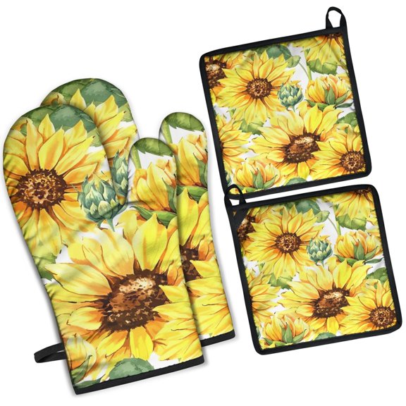 White Sunflower Bud Pattern Kitchen Oven Mitt and Pot Holder Sets 4 Pcs for Baking, Cooking and Grilling, Heat Resistant Up To 392 °F