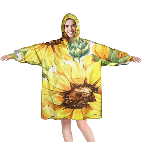 White Sunflower Bud Pattern Wearable Oversized Blanket,Wearable Blanket Hoodie for Adults,Cozy Hooded Blankets with Super Pockets,Super Warm Fuzzy Pullover for Women & Men