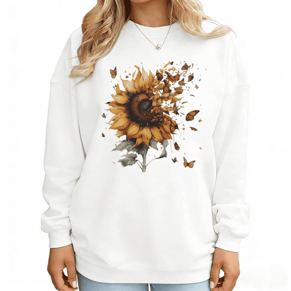 White Sunflower Butterfly Print Sweatshirt Graphic Sweatshirt Women Spring Easter Nature Gift S 3XL Tops